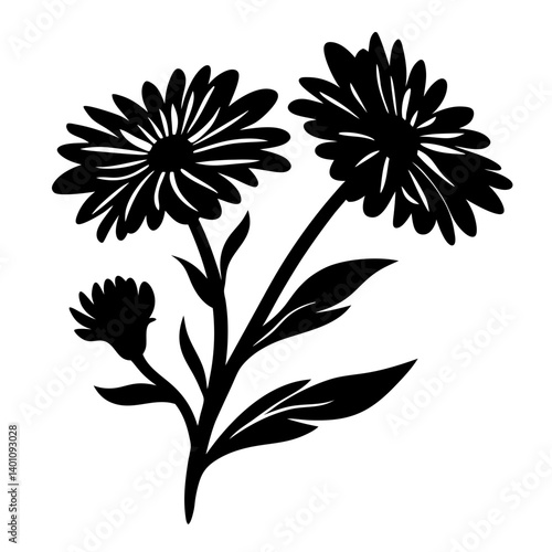 Silhouette of a Beautiful Bouquet of Calendula Flowers with Elegant Stems and Leaves