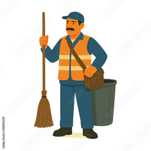 Male street cleaner holding a broom and standing by a trash can, sanitation worker character in uniform – vector illustration