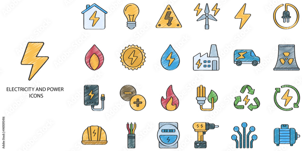 Fototapeta premium Electricity an Power simple concept 24 hand drawn color icons set. Contains such solar panel, square - composition, sustainable energy .Vector illustration.
