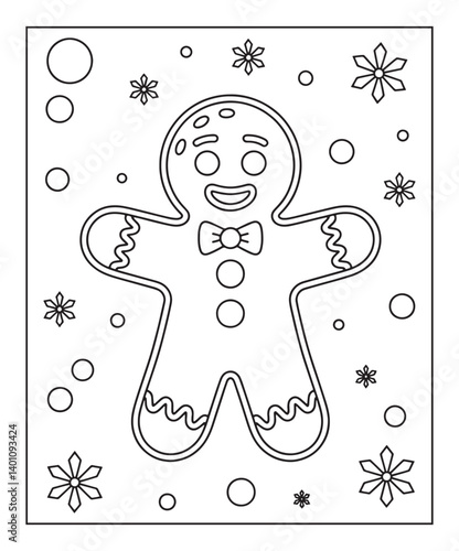 Gingerbread man with candies christmas coloring page for kids, black line art vector illustration on white background
