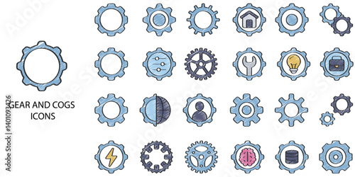 Gear and Cozs simple concept 24 hand drawn color icons set. Contains such machine part, mechanic, metal, non-urban scene, occupation, part .Vector illustration.