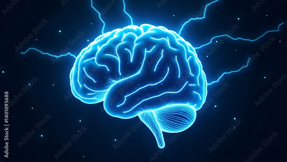 Human brain digital illustration. Electrical activity, flashes and lightning on a blue background. Human brain digital illustration. Electrical activity, flashes and lightning on a blue background.