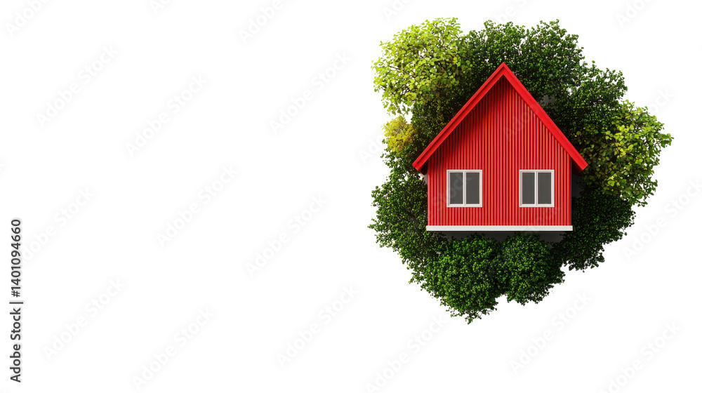 Red House Surrounded by Green Trees and Plants on a Black Background Red House Surrounded by Green Trees and Plants on a Black Background
