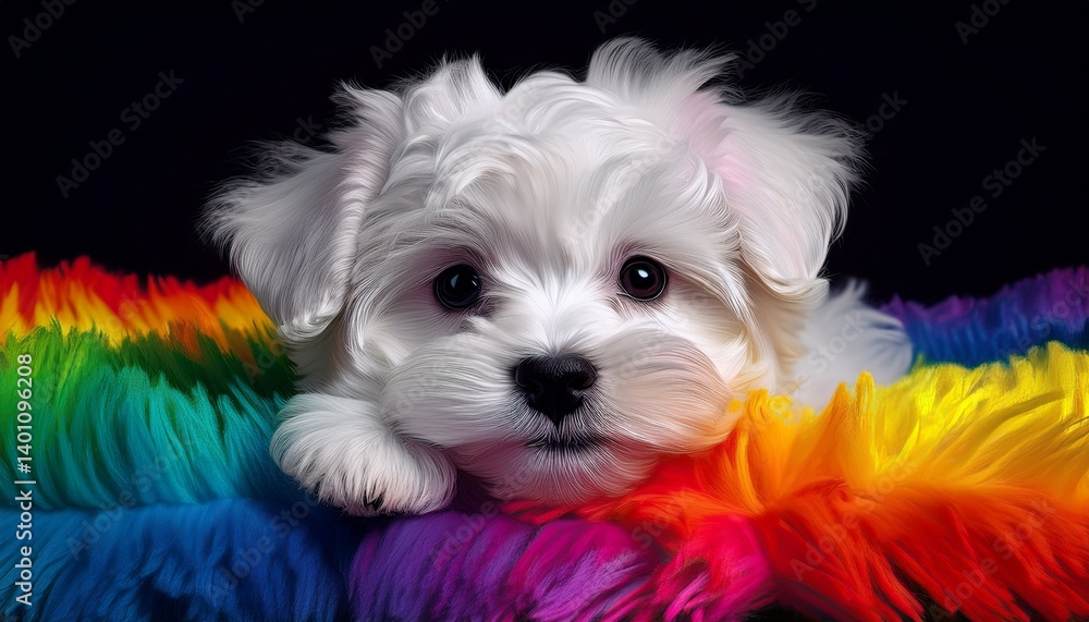 Yorkshire Terrier Welpe auf buntem Teppich, schwarzer Hintergrund Yorkshire Terrier Welpe auf buntem Teppich, schwarzer Hintergrund