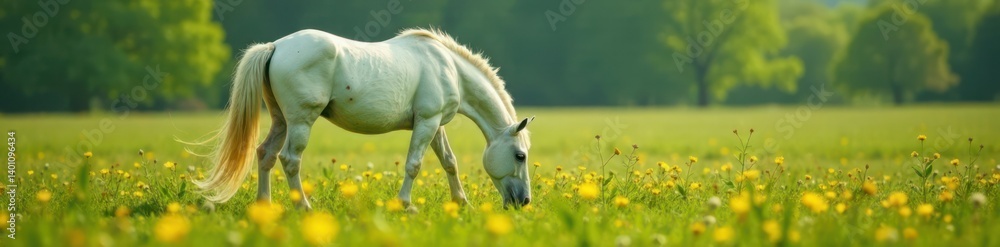 White unicorn mare grazing in a lush meadow with wildflowers, animal, unicorn White unicorn mare grazing in a lush meadow with wildflowers, animal, unicorn
