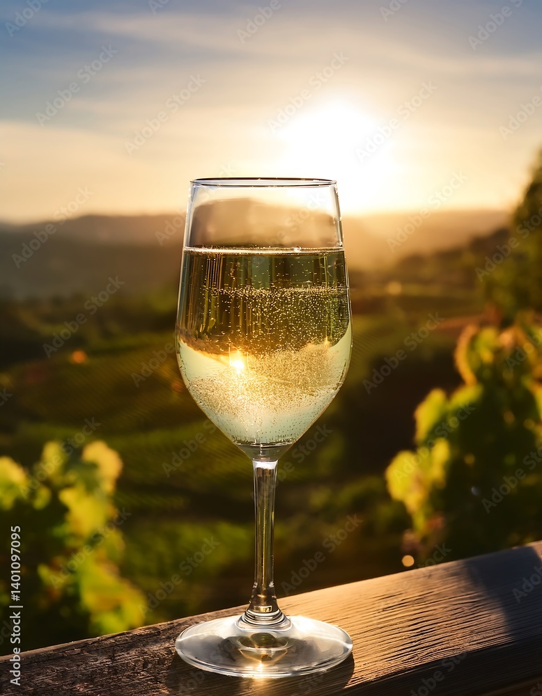 Close-Up of Sparkling White Wine Glass in Scenic Vineyard Sunset. AI Generative
