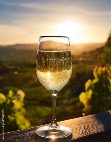 Obraz na płótnie Close-Up of Sparkling White Wine Glass in Scenic Vineyard Sunset. AI Generative w salonie