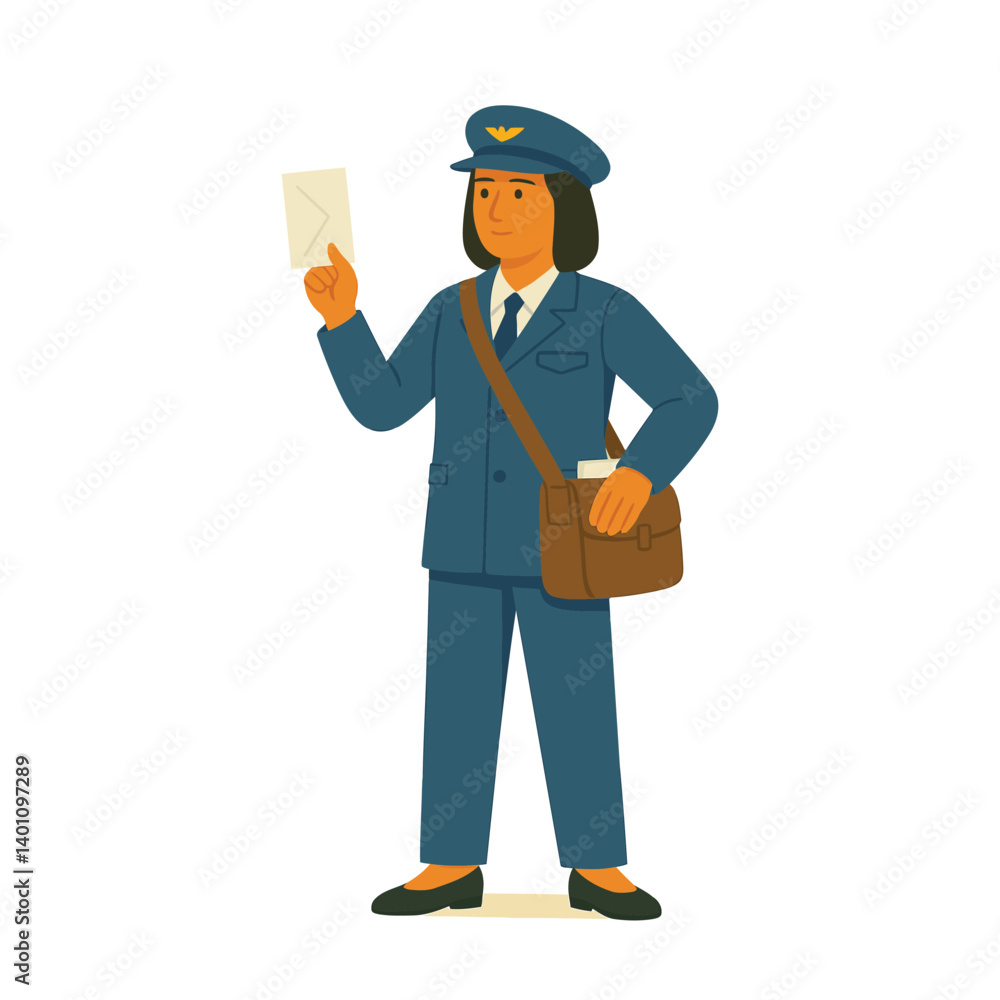Female mail carrier holding an envelope and messenger bag, professional postwoman character in postal uniform – vector illustration Female mail carrier holding an envelope and messenger bag, professional postwoman character in postal uniform – vector illustration