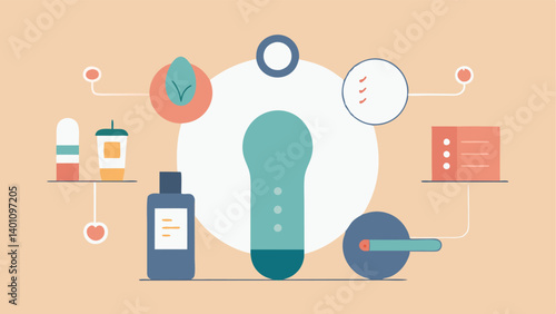 Instructional Guide A flat lay illustration of the massager surrounded by a simple instructional guide and skincare products depicting how to incorporate it into a daily skincare