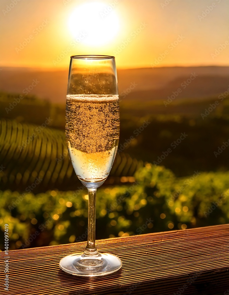 Close-Up of Sparkling White Wine Glass in Scenic Vineyard Sunset. AI Generative
