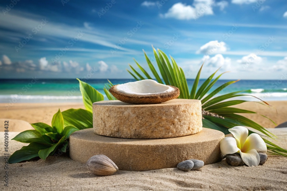 Obraz premium Stone podium for demonstration of natural coconut cosmetics on sand beach. Placement for presentation of beauty products