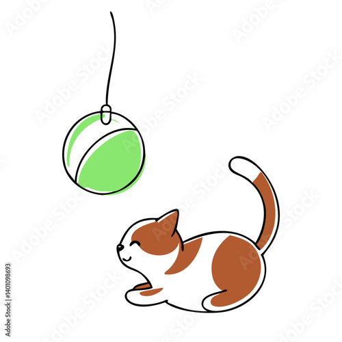 Playful cat chasing a green tennis ball  