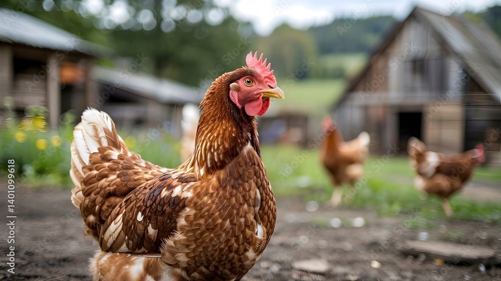 Fototapeta premium Brown Speckled Chicken Hen in Farmyard with Blurred Background