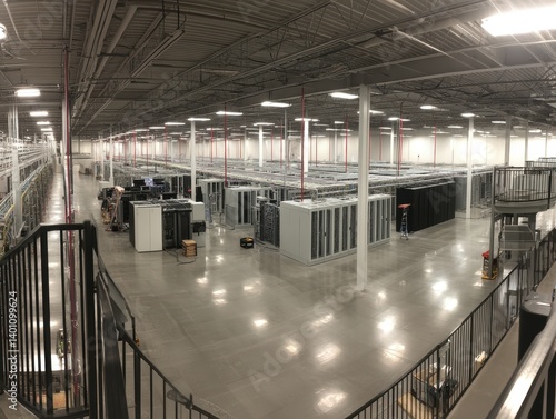 A panoramic view of a large scale data center facility - computing management systems cables boards