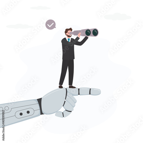 Businessman standing on robot arm and use binoculars. Artificial intelligence supports business. AI bot work with company personnel. modern technology