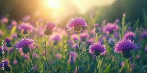 Fototapeta Naklejka Na Ścianę i Meble -  Colorful purple flowers bloom in a sunlit meadow during late afternoon in a serene landscape