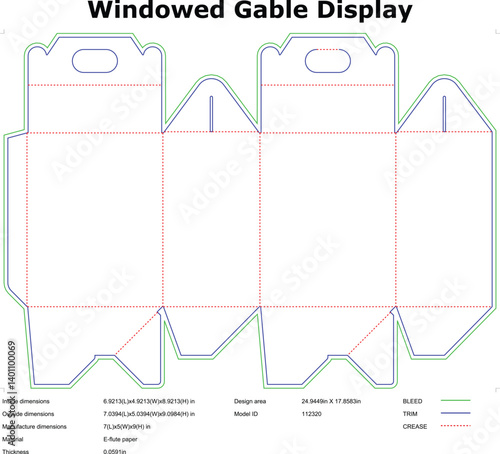 Winnowed Gable Display Diagram For Packaging And Printing With Dimensions And Model Id Technical Blueprint