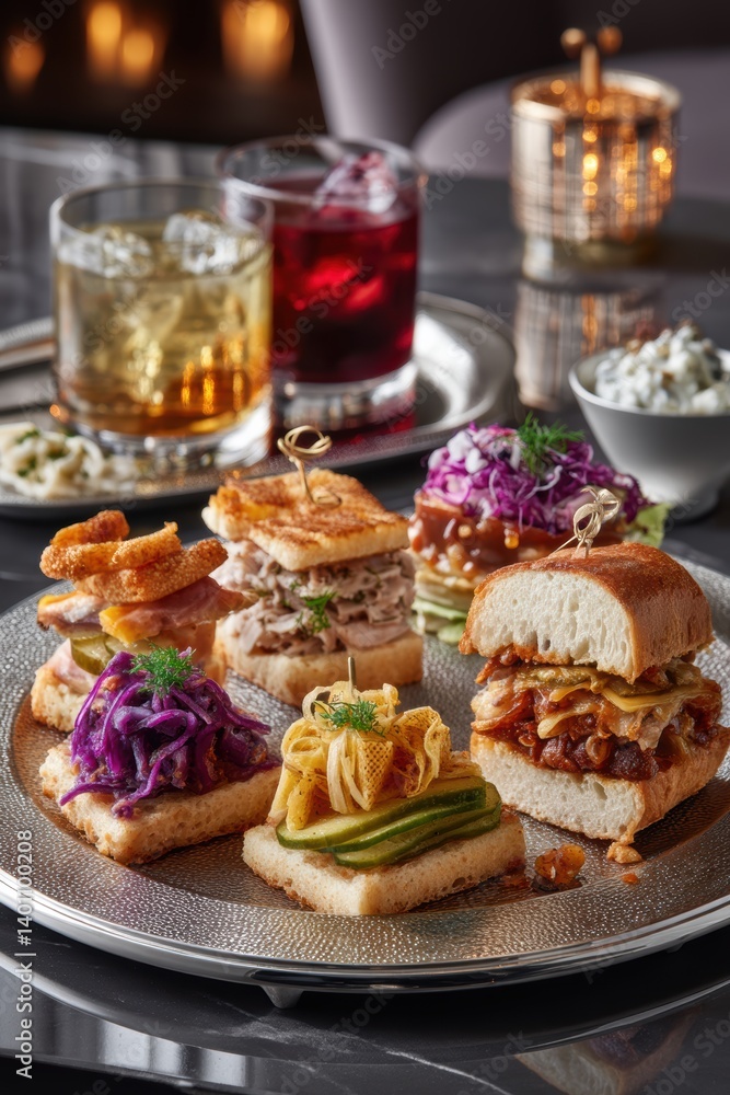 Assortment of meticulously prepared mini sandwiches and finger foods on a silver tray - presentation decorative artistic luxury Assortment of meticulously prepared mini sandwiches and finger foods on a silver tray - presentation decorative artistic luxury