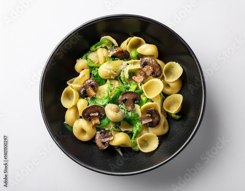 orecchiette pasta dish with cime di rapa mushrooms and spices in black bowl on white background