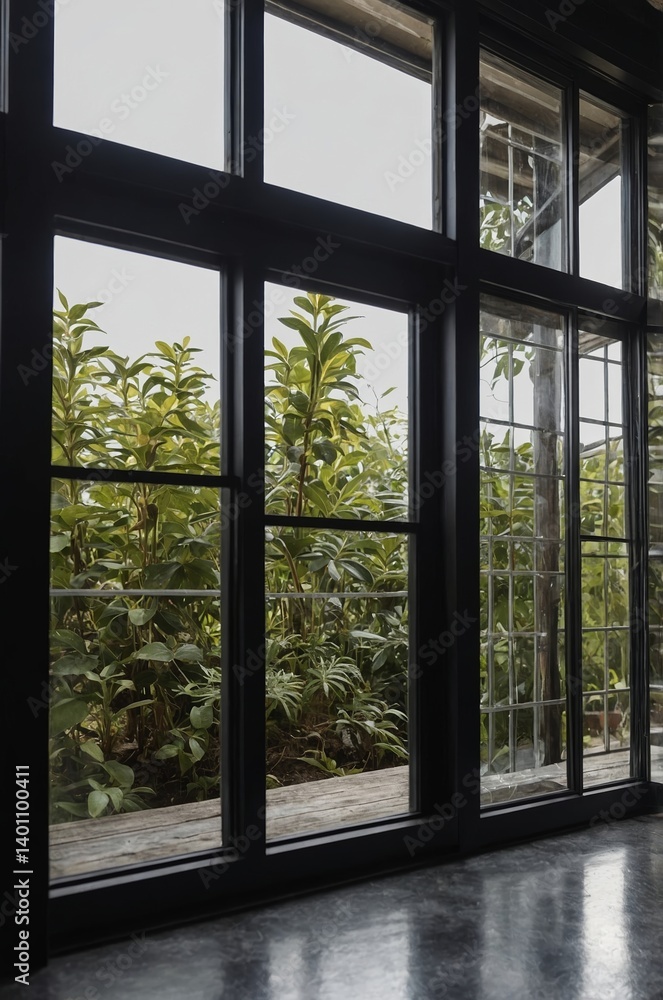 Lush greenery visible through modern black framed windows in a serene interior setting