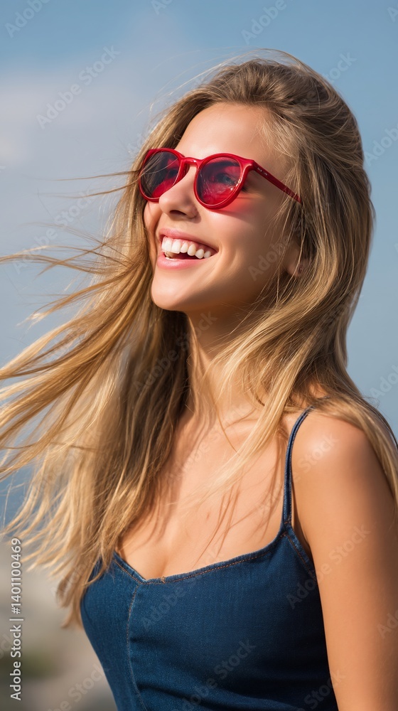 Woman with red sunglasses smiling Woman with red sunglasses smiling