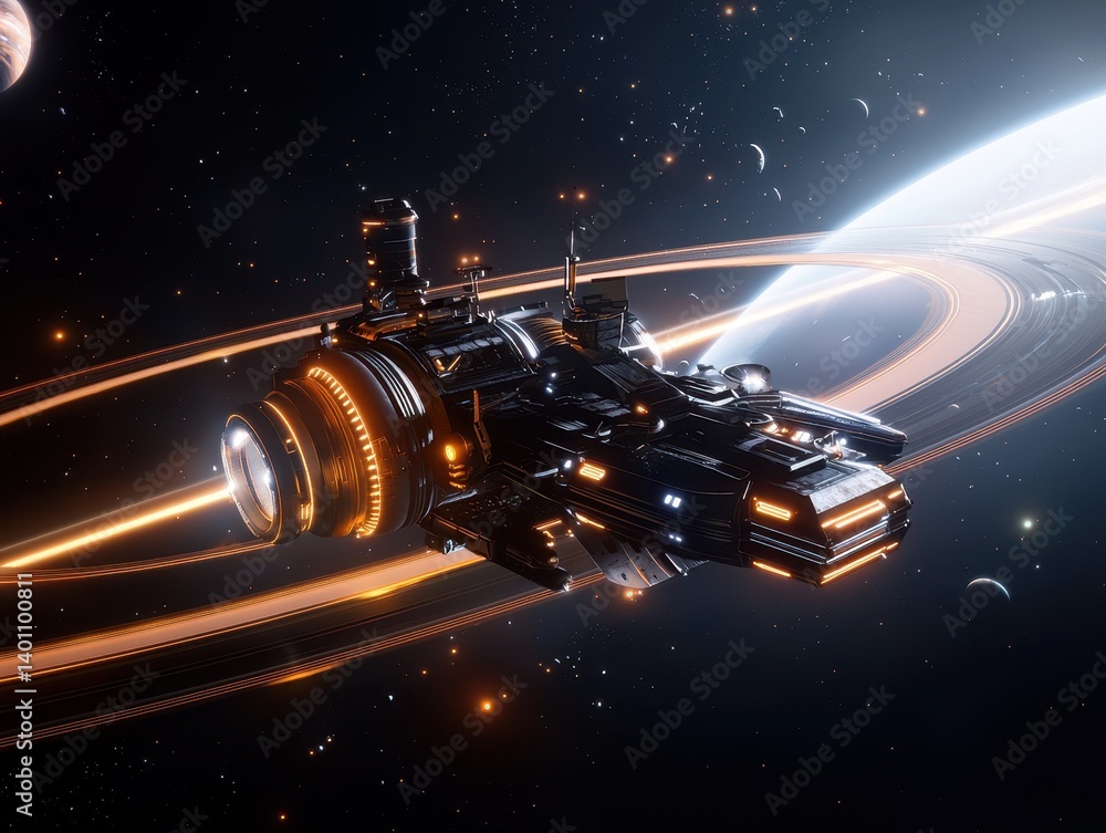 Futuristic spaceship navigates through the cosmos with rings of light around a distant planet. Futuristic spaceship navigates through the cosmos with rings of light around a distant planet.