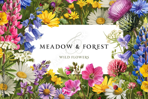 Vector illustration with colorful wild flowers isolated on a changeable background. Vintage floral design template for a greeting card, flyer or certificate.