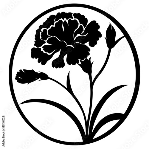 Black and white circular floral design featuring a stylized carnation bloom