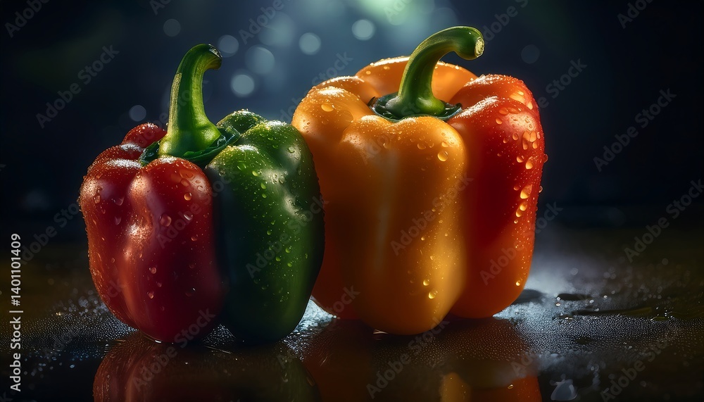 Close-up of Vibrant Fresh Bell Pepper With Water Droplets in Studio Lighting. AI Generative