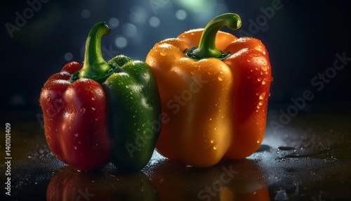 Obraz na płótnie Close-up of Vibrant Fresh Bell Pepper With Water Droplets in Studio Lighting. AI Generative w salonie