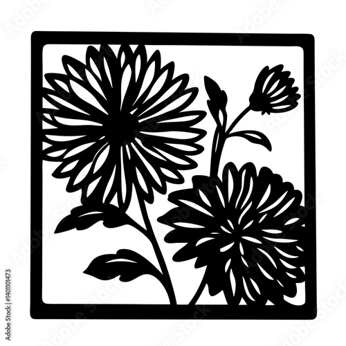 Black and White Floral Design Square Frame Art Print Botanical Illustration