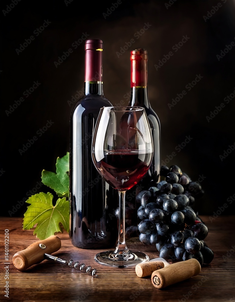 Red Wine Bottle and Glass with Grapes on Rustic Wooden Table. AI Generative