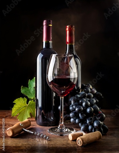 Obraz na płótnie Red Wine Bottle and Glass with Grapes on Rustic Wooden Table. AI Generative w salonie