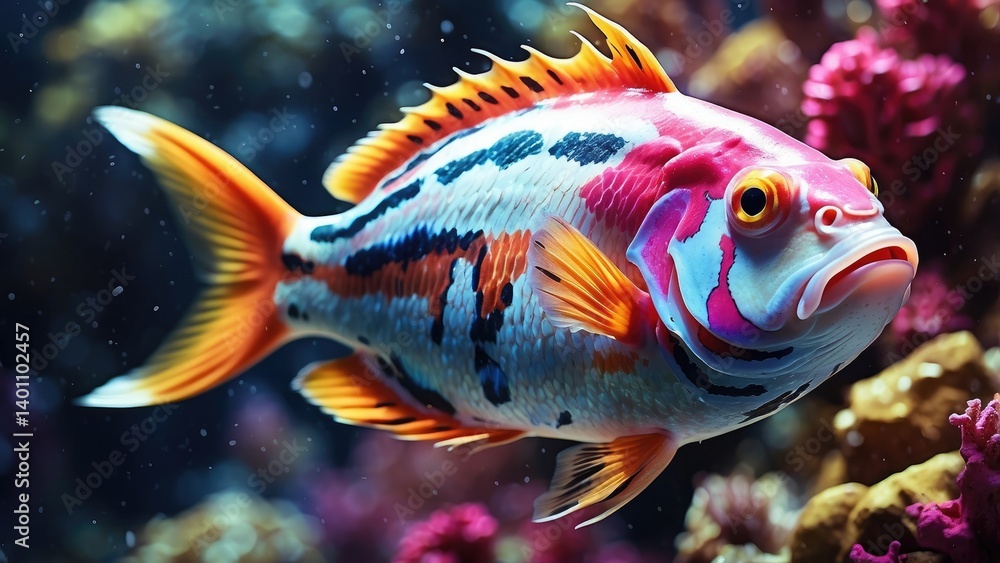 Fototapeta premium A vibrant, colorful fish with pink and yellow scales swims amidst coral reef.