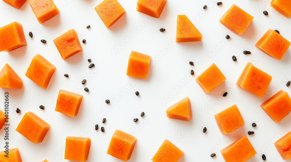 Fresh papaya pieces arranged on white background with copy space Fresh papaya pieces arranged on white background with copy space