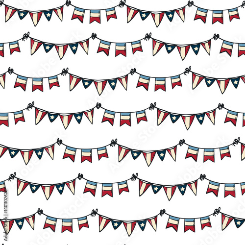 USA garlands seamless pattern with flags for Independence day, Memorial day wallpaper, wrapping paper, scrapbooking, textile, digital paper, backgrounds, packaging, etc. EPS 10