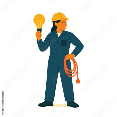 Female electrician holding a light bulb and power cord in uniform and helmet – professional tradeswoman vector illustration