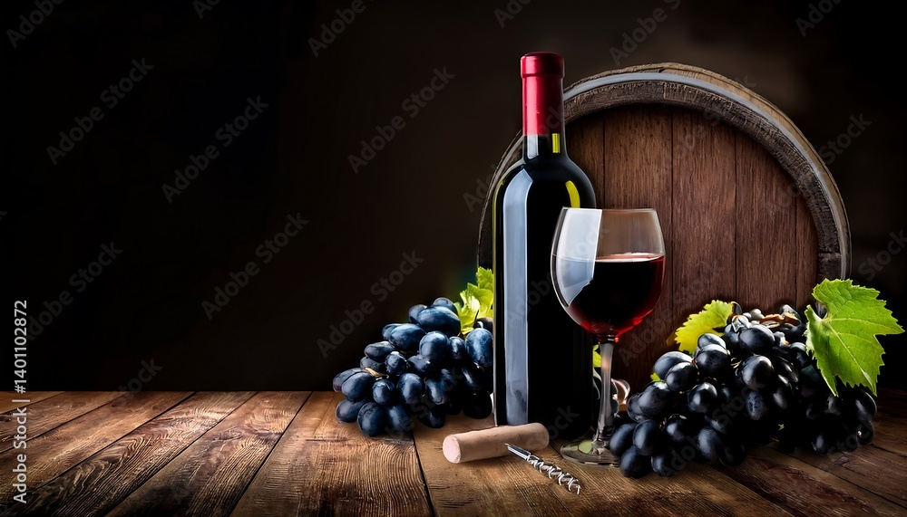 Red Wine Bottle and Glass with Grapes on Rustic Wooden Table. AI Generative