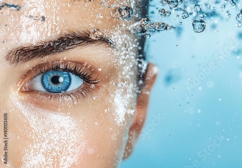Close up Portrait Woman's Eye Water Bubbles Soft Lighting Blue Background