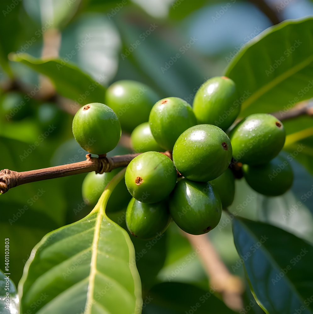 Close-up of green coffee cherries on a branch, with detailed textures and soft background blur. Natural light enhances freshness. AI-generated. Close-up of green coffee cherries on a branch, with detailed textures and soft background blur. Natural light enhances freshness. AI-generated.