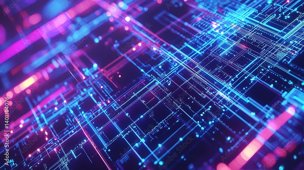 Obraz premium Ultra-HD High-Tech Digital Grid Background with Glowing Lines and Geometric Patterns