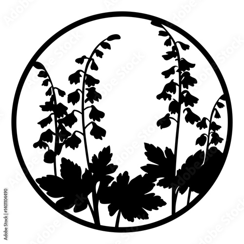 Elegant Black and White Floral Circle Design Featuring Silhouettes of Delphiniums and Leaves