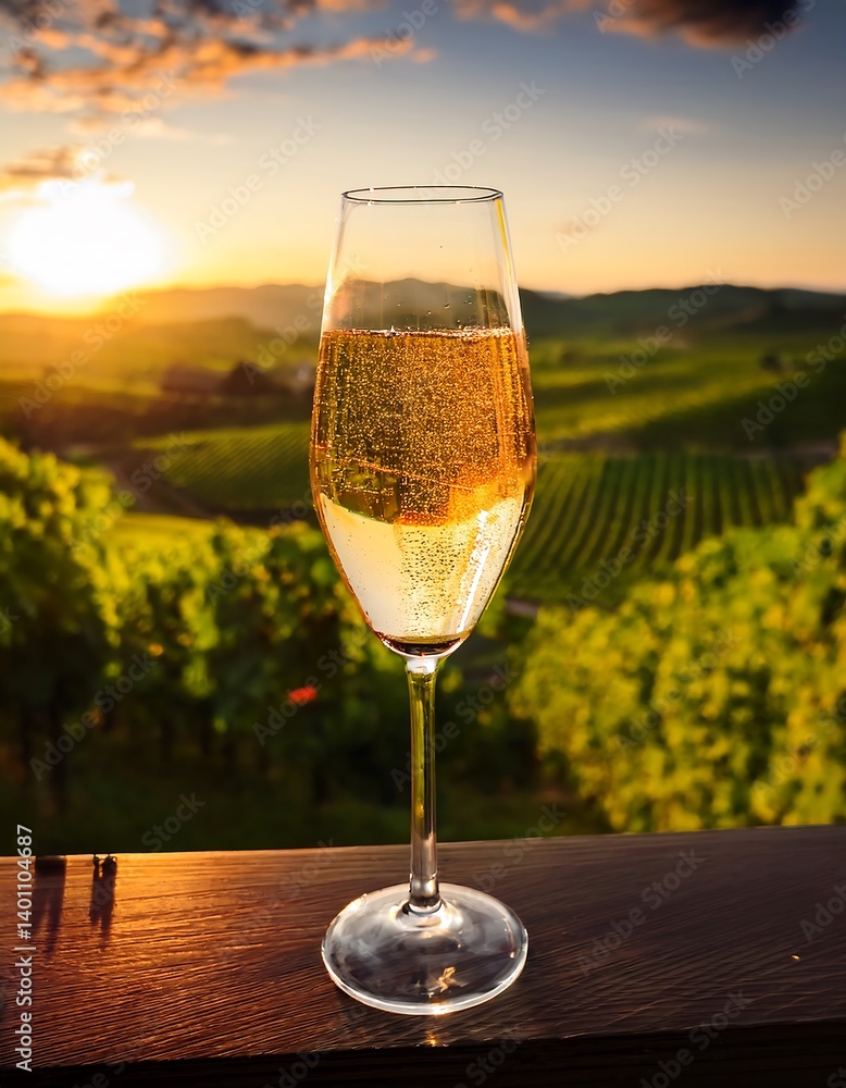 Close-Up of Sparkling White Wine Glass in Scenic Vineyard Sunset. AI Generative