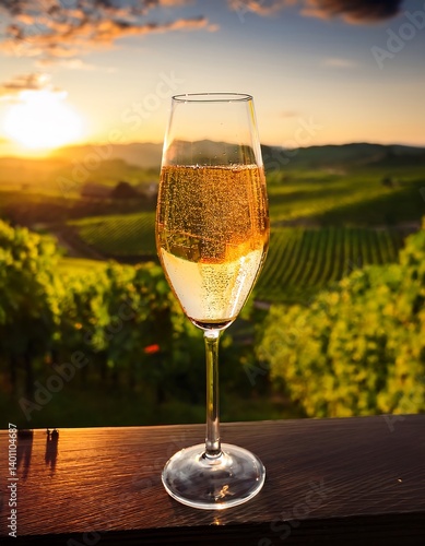 Close-Up of Sparkling White Wine Glass in Scenic Vineyard Sunset. AI Generative