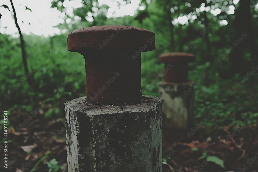 Fototapeta premium Rusted metal caps atop weathered concrete posts in a forest.