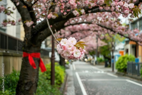 Cherry Blossom in Spring on City Street with Red Ribbon on Tree Trunk