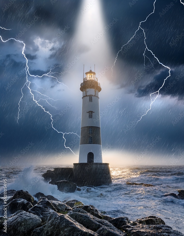 Lighthouse Illuminated During a Storm With Lightning Strikes and Heavy Rain. AI Generative