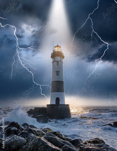 Obraz na płótnie Lighthouse Illuminated During a Storm With Lightning Strikes and Heavy Rain. AI Generative w salonie