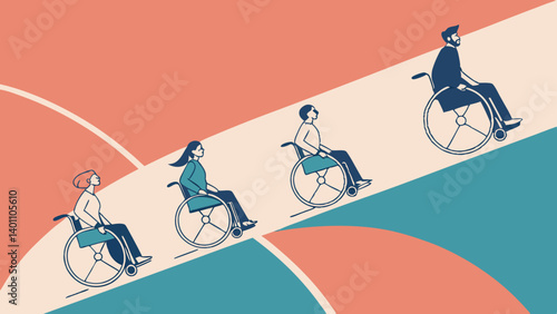 Stylized illustration, people riding unicycles