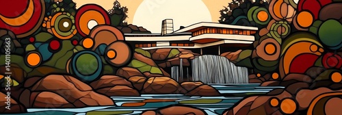 Illustration of a house built over a waterfall surrounded by stylized trees and rocks.